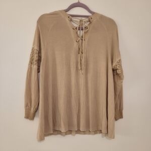 POL Tan Oversized Long Sleeve Blouse With Lace Detail On Sleeves & Lace-Up Back